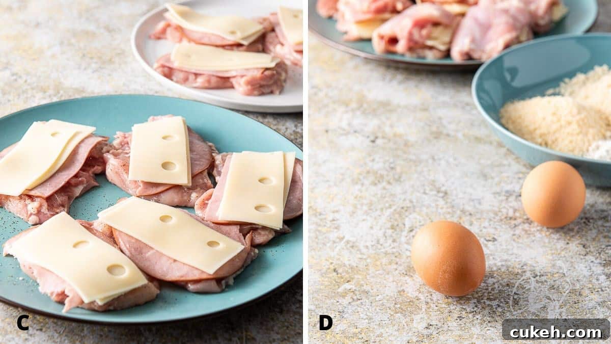 Crispy Baked Chicken Cordon Bleu Recipe for Weeknight Dinners 6 Swiss cheese on the ham and the eggs and breadcrumbs