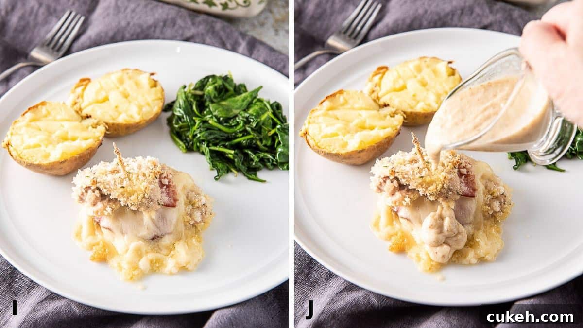 Crispy Baked Chicken Cordon Bleu Recipe for Weeknight Dinners 9 Cordon bleu on a plate with the pouring of mustard sauce