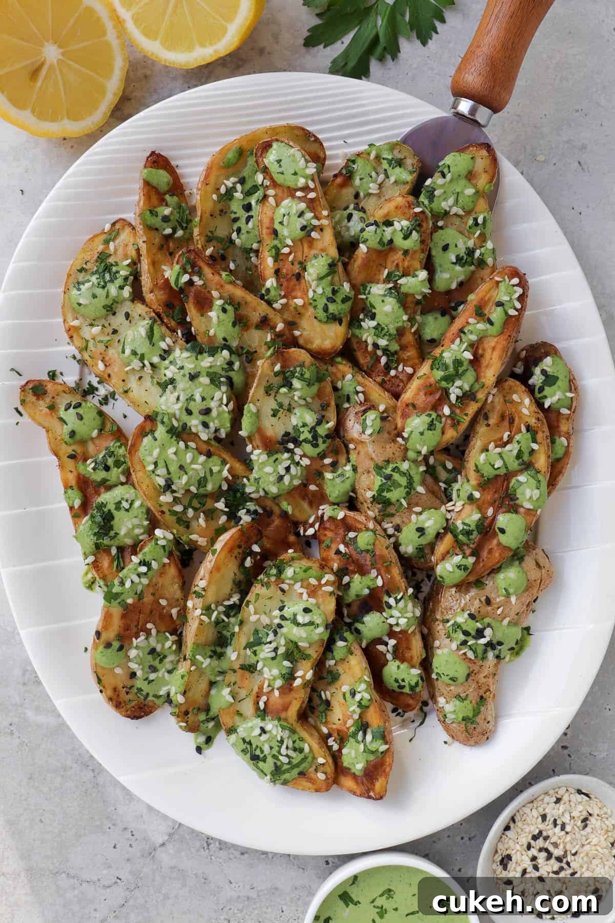 Air fryer fingerling potatoes on plate with green tahini sauce. Lemons, sauce, sesame seeds and parsley on the side.