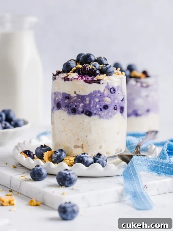 Blueberry cheesecake overnight oats in a glass jar with graham cracker crumbs.