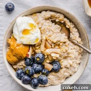 White bowl with greek yogurt oatmeal, topped with blueberries, nut butter, and extra yogurt.