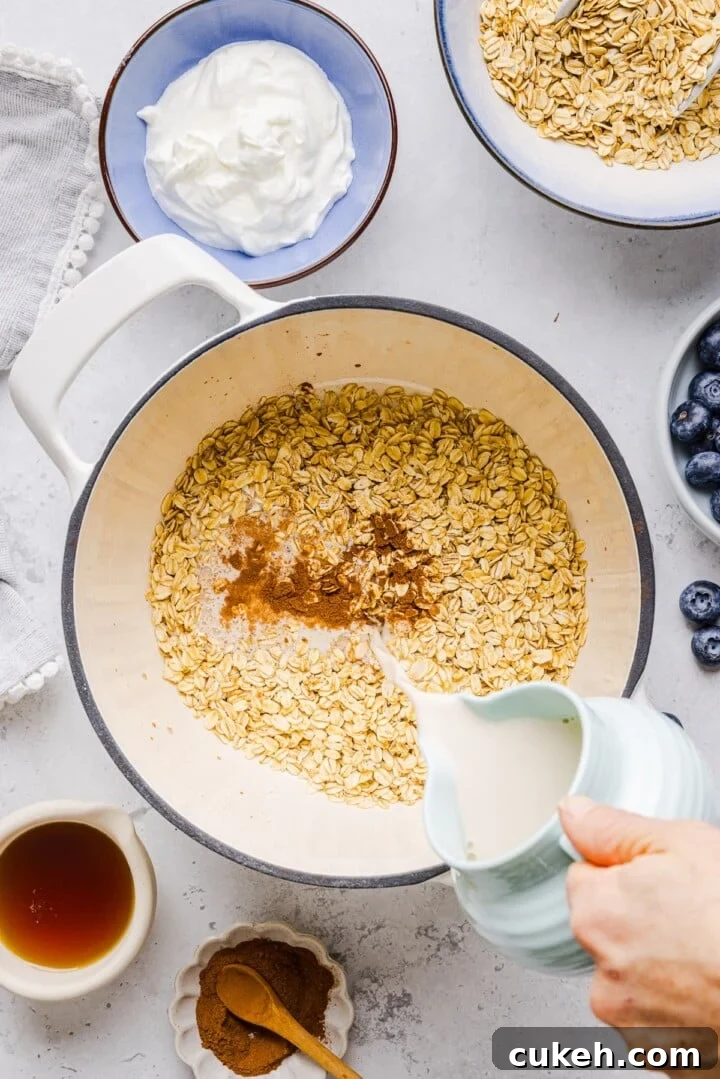 Ingredients for greek yogurt oatmeal in a large pot.