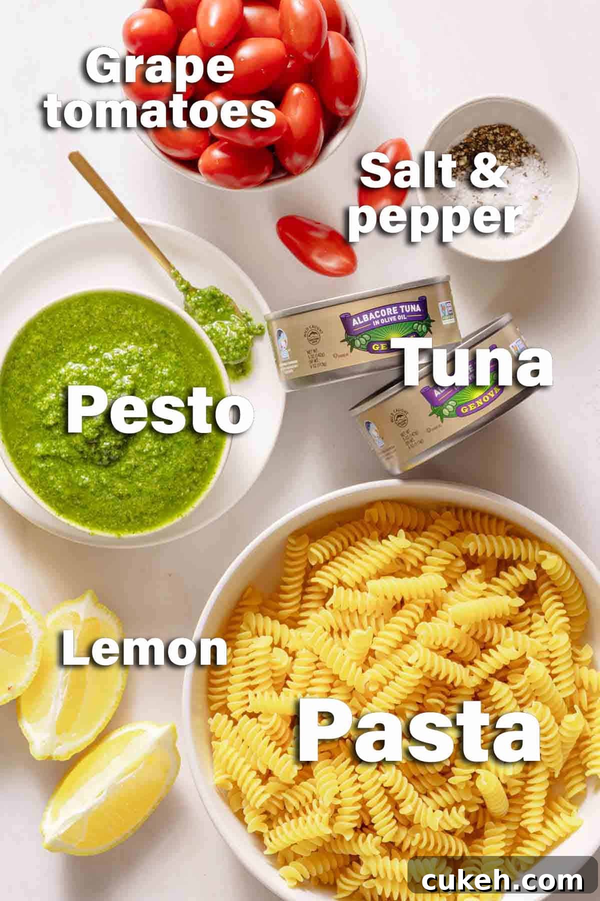 Creamy Tuna Pesto Pasta Recipe for Weeknight Dinners 3 ingredients for tuna pesto pasta on white background with text labels.