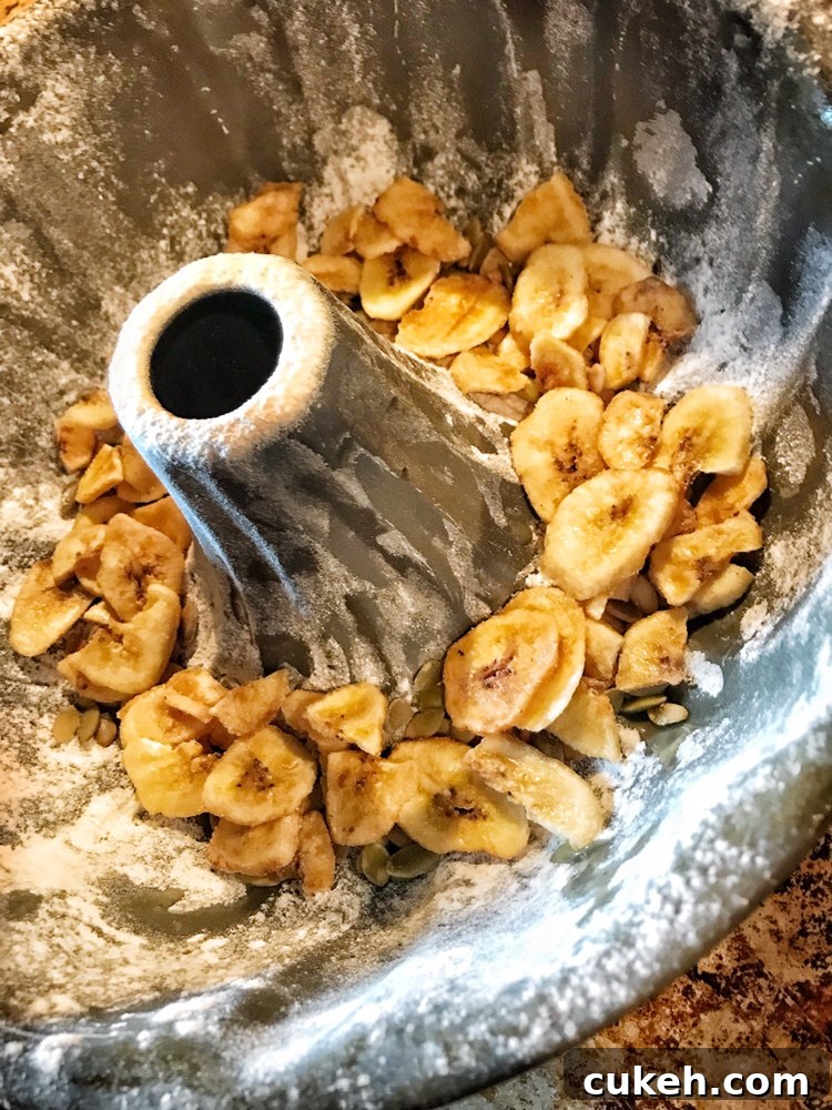 Morning Breakfast Bread Recipes for Quick Homemade Loaves 13 Flour and banana chips in a bundt dish.