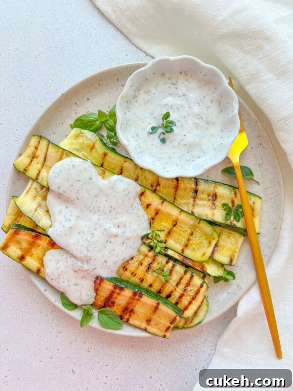 Grilled zucchini slices arranged on a plate with a creamy herb sauce drizzled on top
