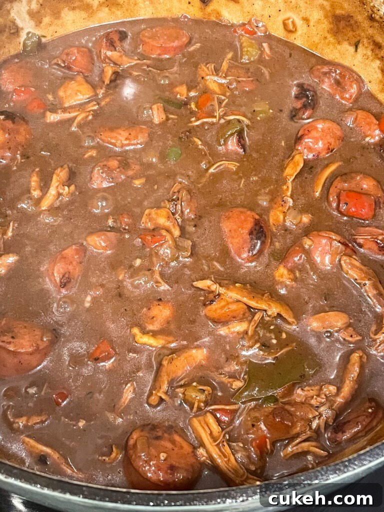 close up shot of authentic gumbo after simmering with chicken and sausage