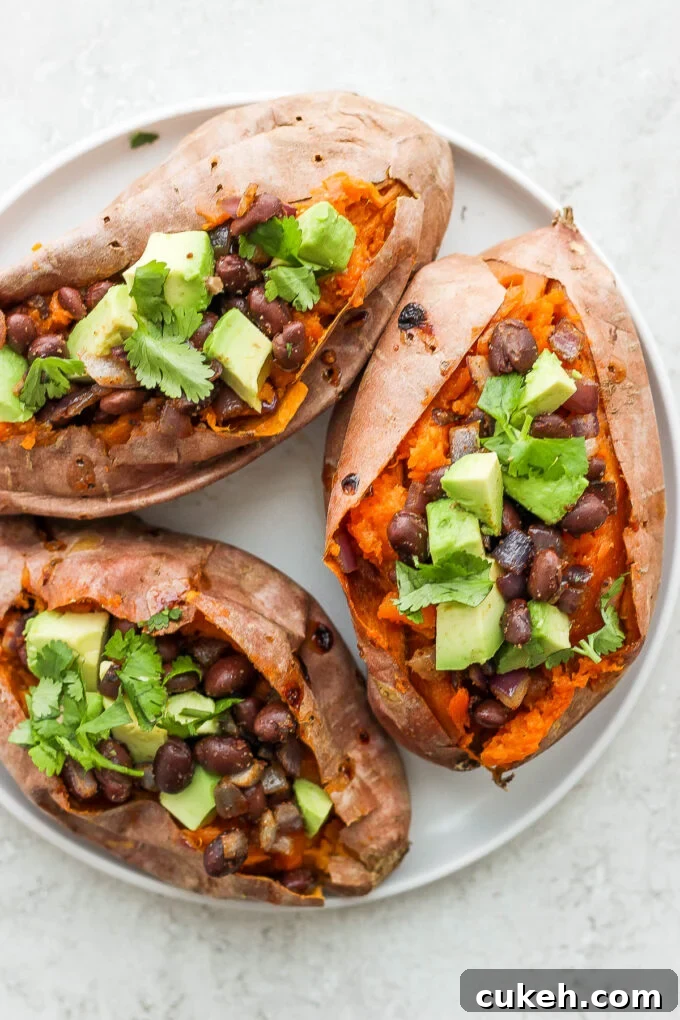 sweet potatoes stuffed with black beans, and avocado