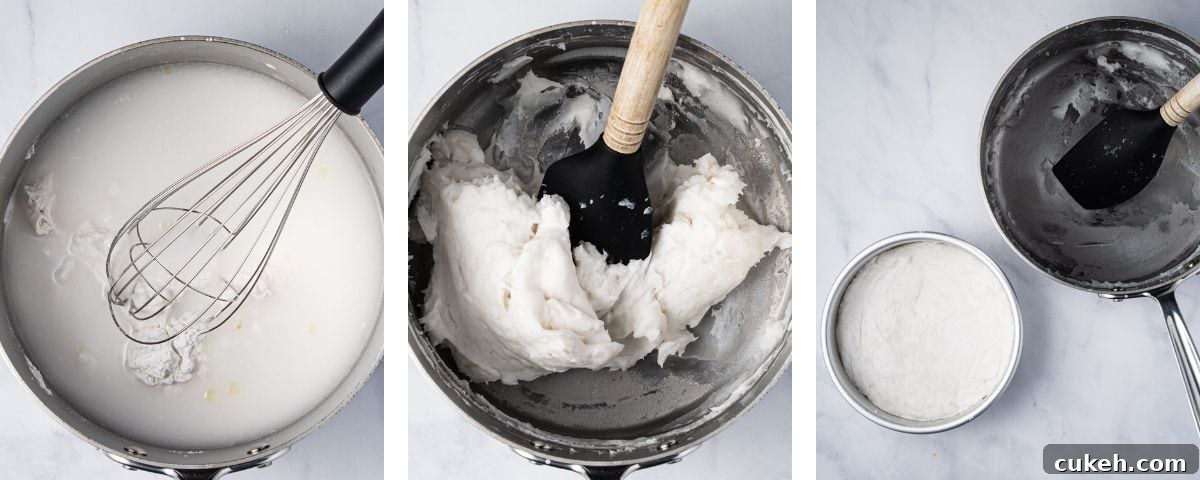 Heating up the rice flour, tapioca flour, salt, and water (rice flour cake batter) in a pan.