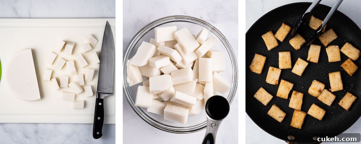 Process of cutting the rice flour cakes into cubes, seasoning the rice flour cakes with soy sauce, and placing them into the pan.