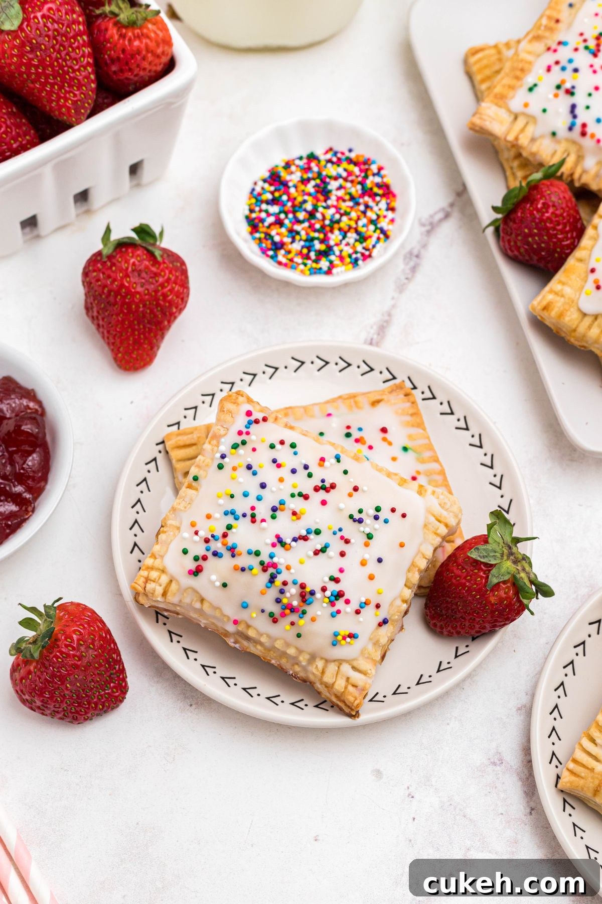 Golden baked stuffed pastries on a small white plate, with fresh strawberries and sprinkles on the table. 