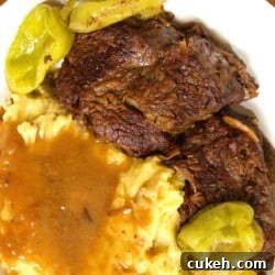 mashed potatoes pot roast and pepperocinis made in the instant pot pressure cooker close up.