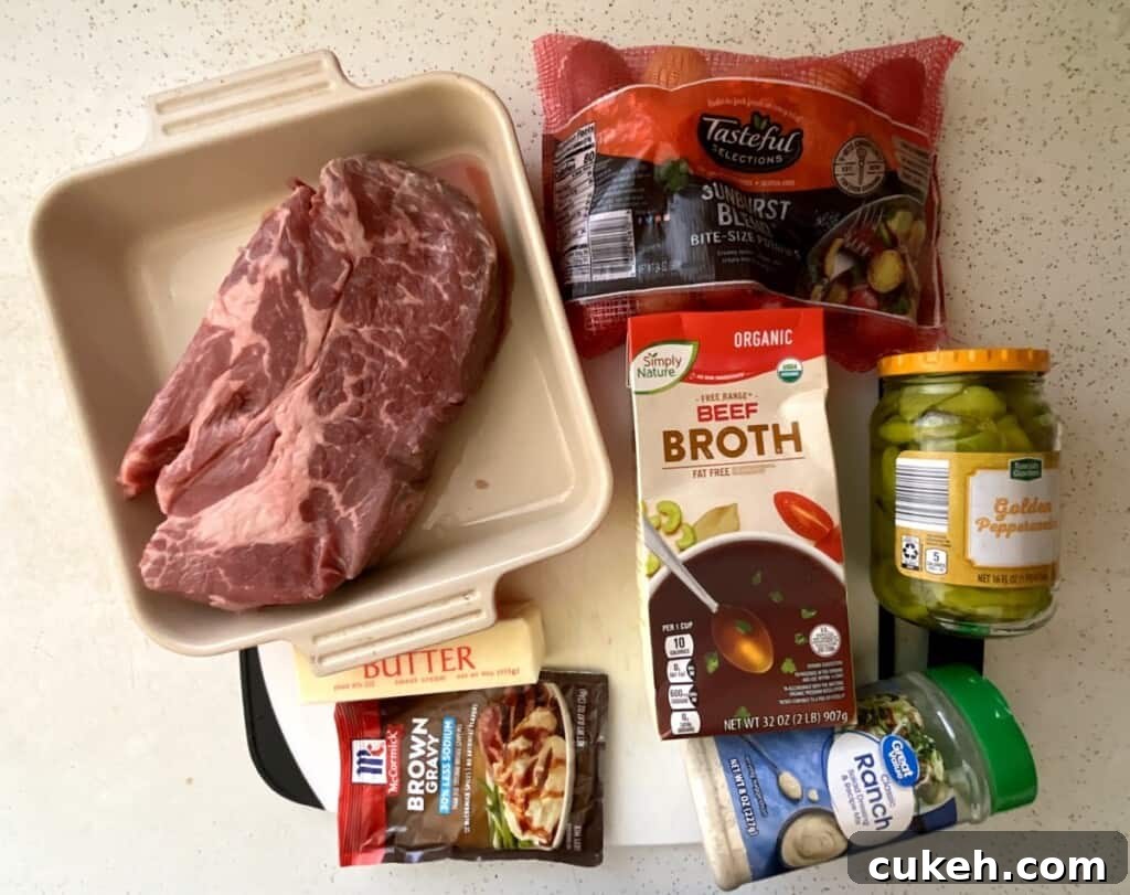 ingredients to be used to make Mississippi pot roast in the instant pot.