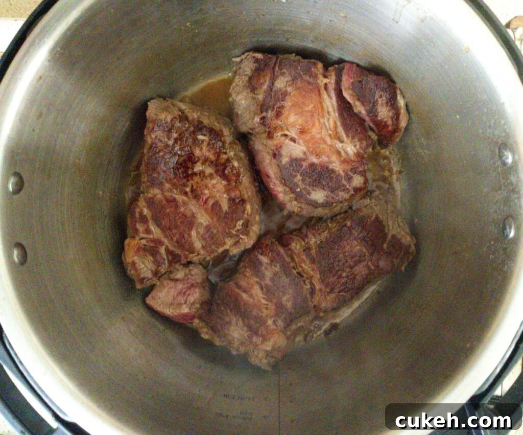 Mississippi pot roast step 3 in the instant pot searing both sides