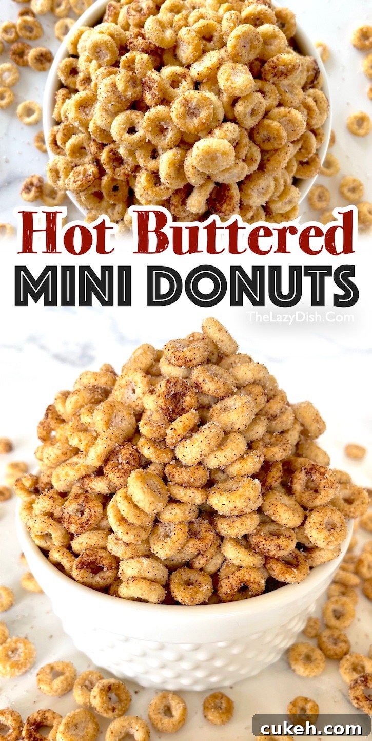 Hot Buttered Mini Donut Snacks | Your kids are going to love this easy sweet treat! If you're looking for yummy snacks to make, this is my family's favorite finger food. We really enjoy it on movie night in place of popcorn! This fun little snack is quick and easy to make with just a few ingredients that you probably already have at home including Cheerios Cereal, butter, sugar and cinnamon. 