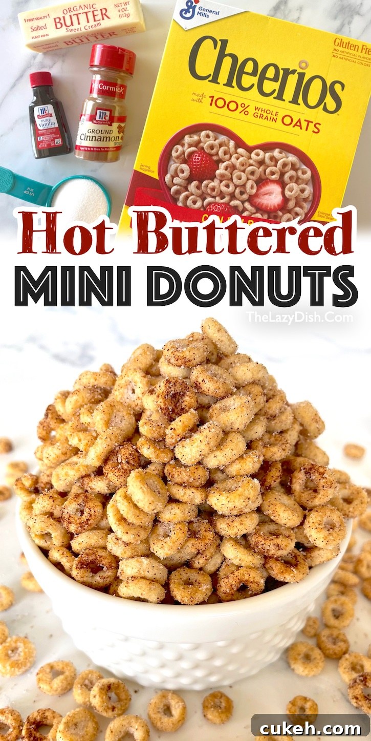 Hot Buttered Mini Donut Cheerios | This fun and easy sweet treat is so simple to make, and totally delicious! My kids go crazy for it. My teenagers ate the entire bag in one sitting the last time I made them. If you're looking for fun and easy snacks to make at home, these cinnamon sugar Cheerios amazing!