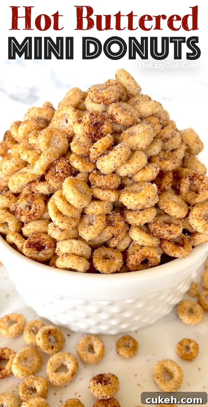 These hot buttered mini donut snacks are awesome! My kids love this sweet treat for after school snacking. I also make them before long road trips, or anytime we are on the go. You can make this fun and easy snack with just 4 ingredients: Cheerios Cereal, butter, cinnamon, and sugar. 