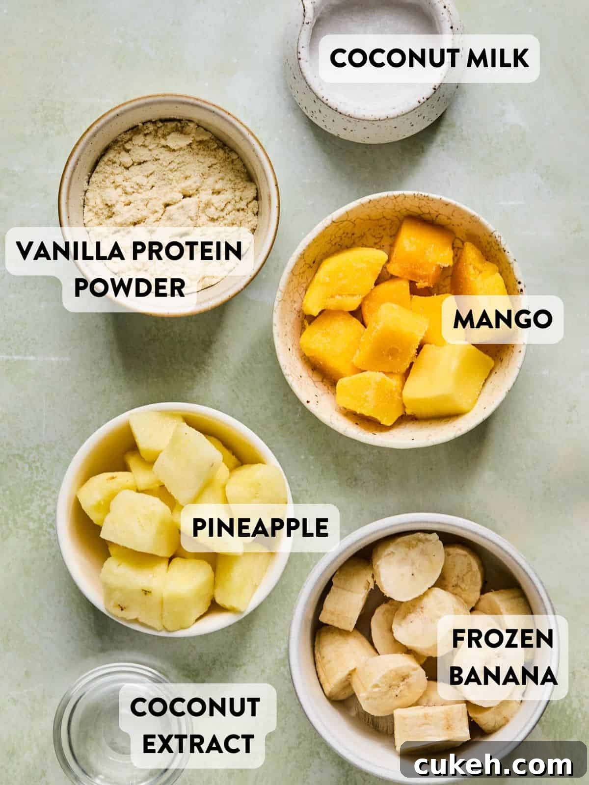 coconut smoothie ingredients laid out on a counter