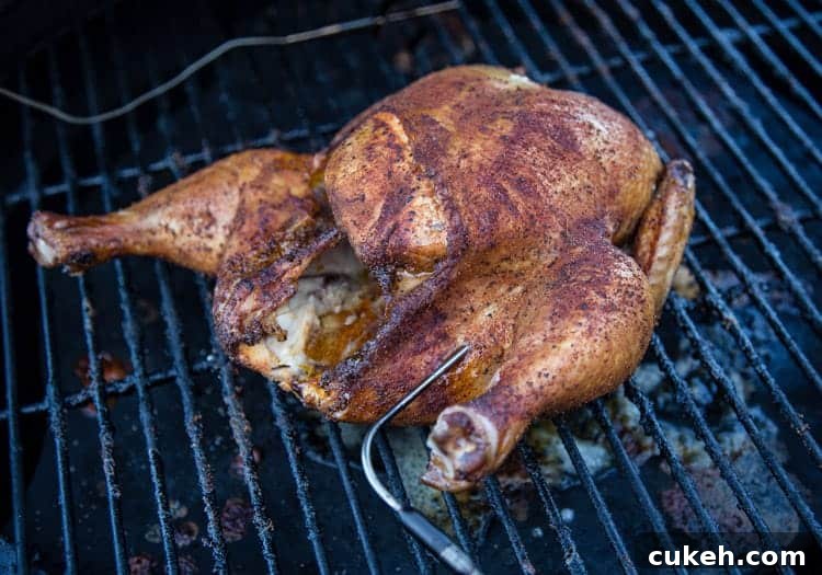 A whole roaster chicken cooked on a smoker