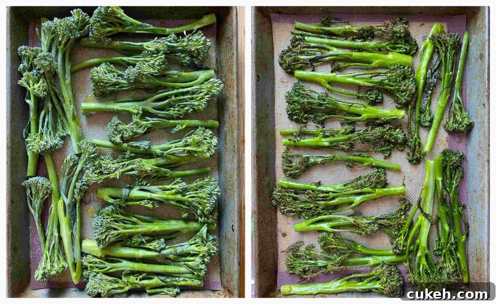 Two process shots showing rows of Tenderstem broccoli on a baking tray