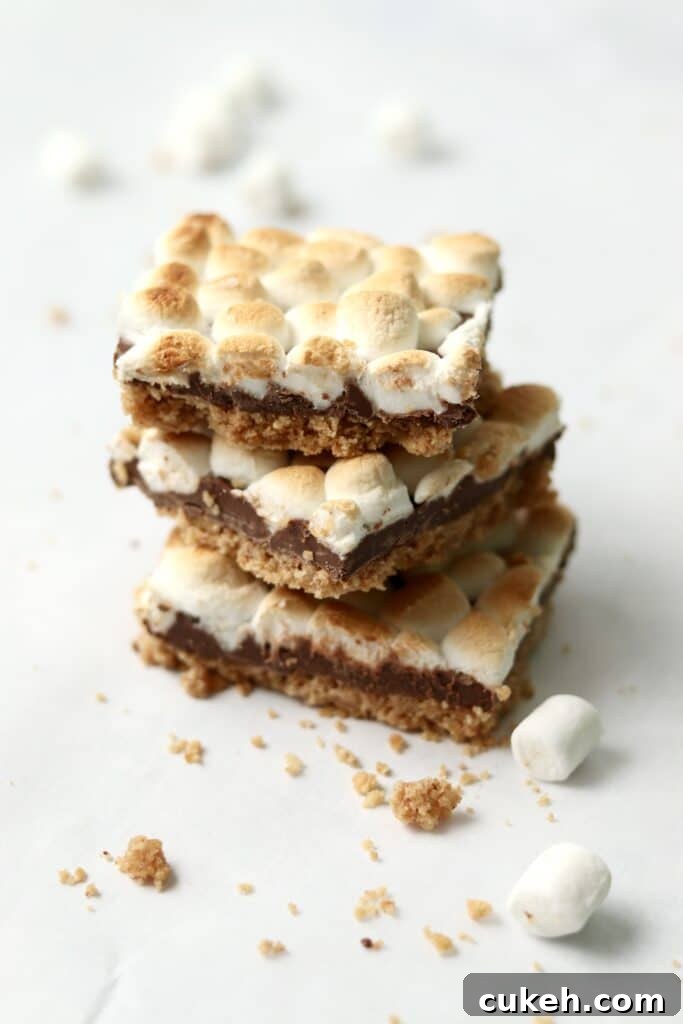 stack of s'mores bars with mini marshmallows
