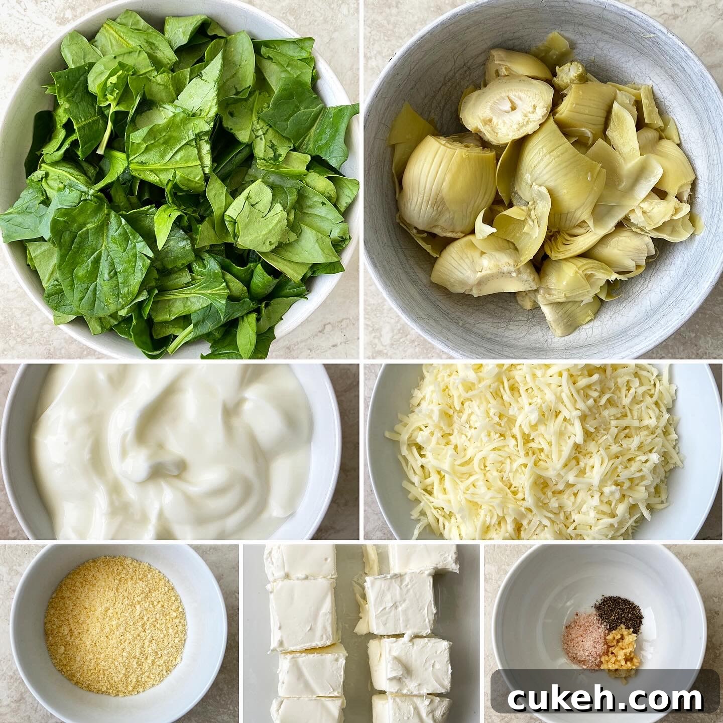 Creamy Slow Cooker Spinach Artichoke Dip Recipe 3 collage of ingredients for Crockpot Spinach Artichoke Dip