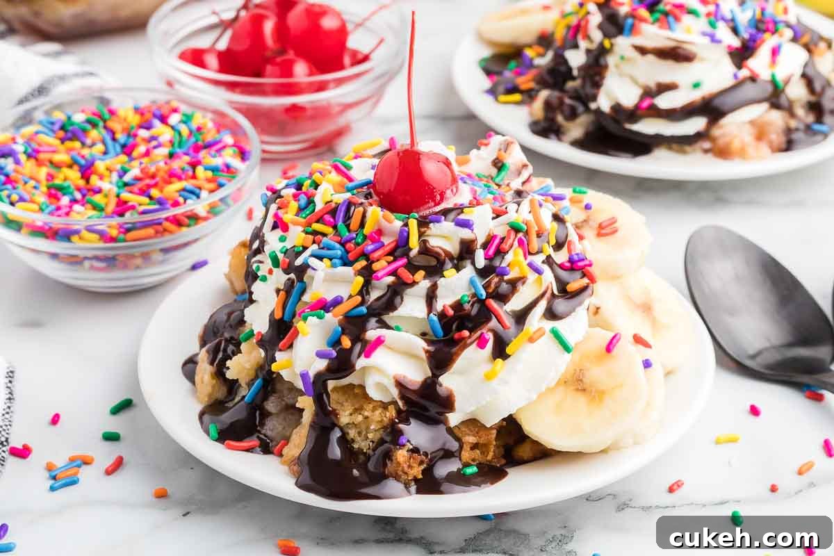 Banana split dump cake on a white plate.