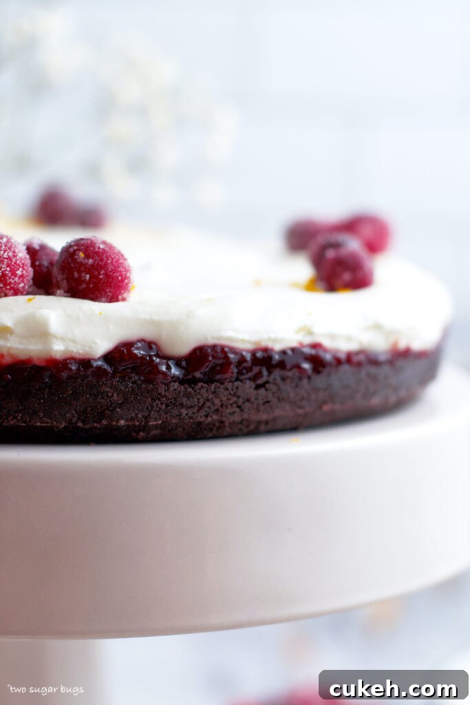 a look at the three layers of cookie crust, cranberry filling and which chocolate mousse topping