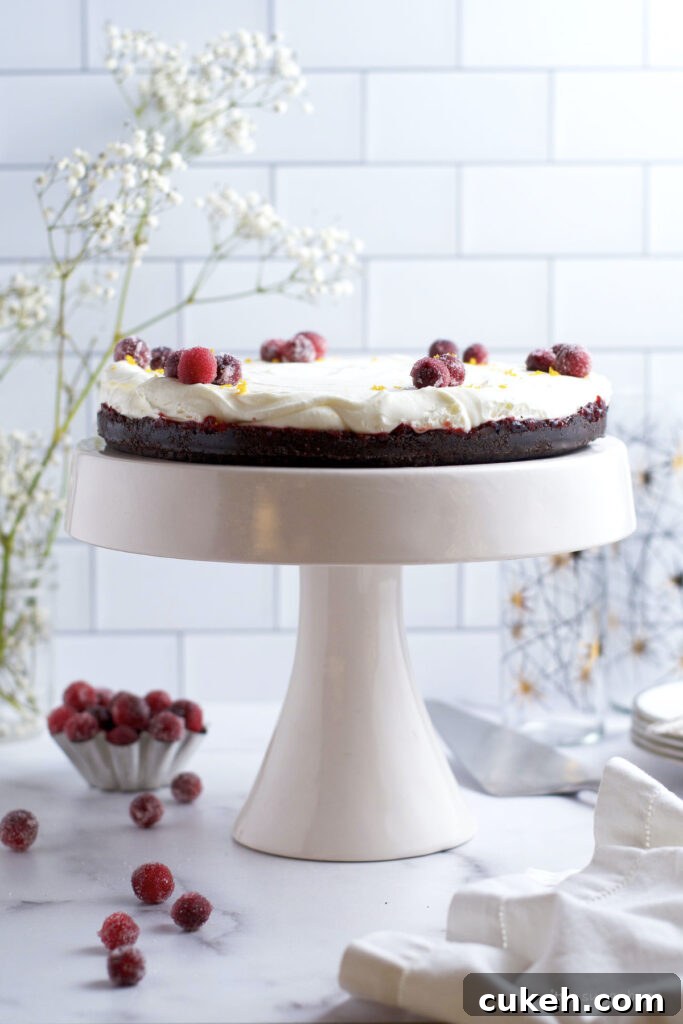 white chocolate cranberry tart on a cake stand