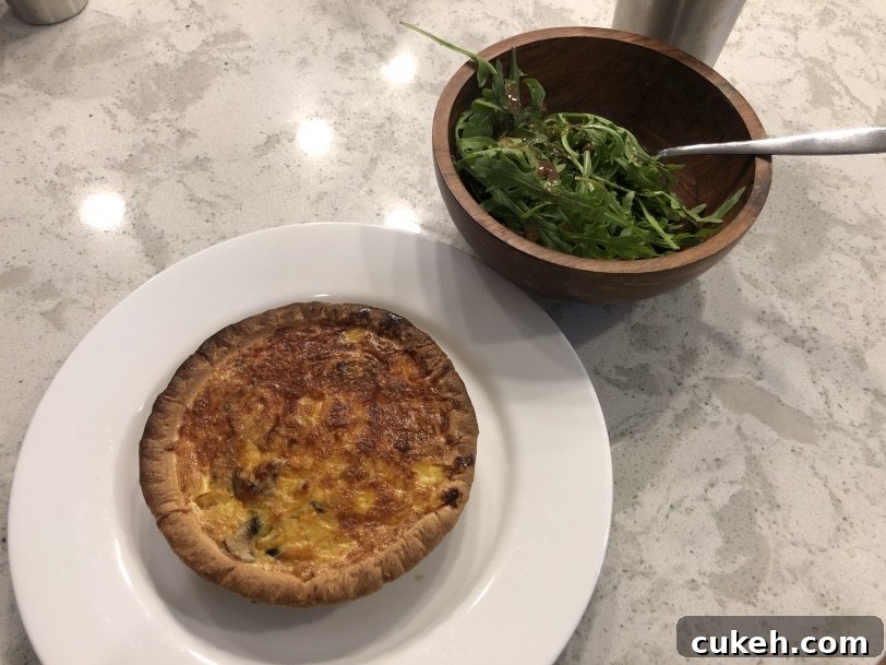 yellow pepper and mushroom quiche with arugula