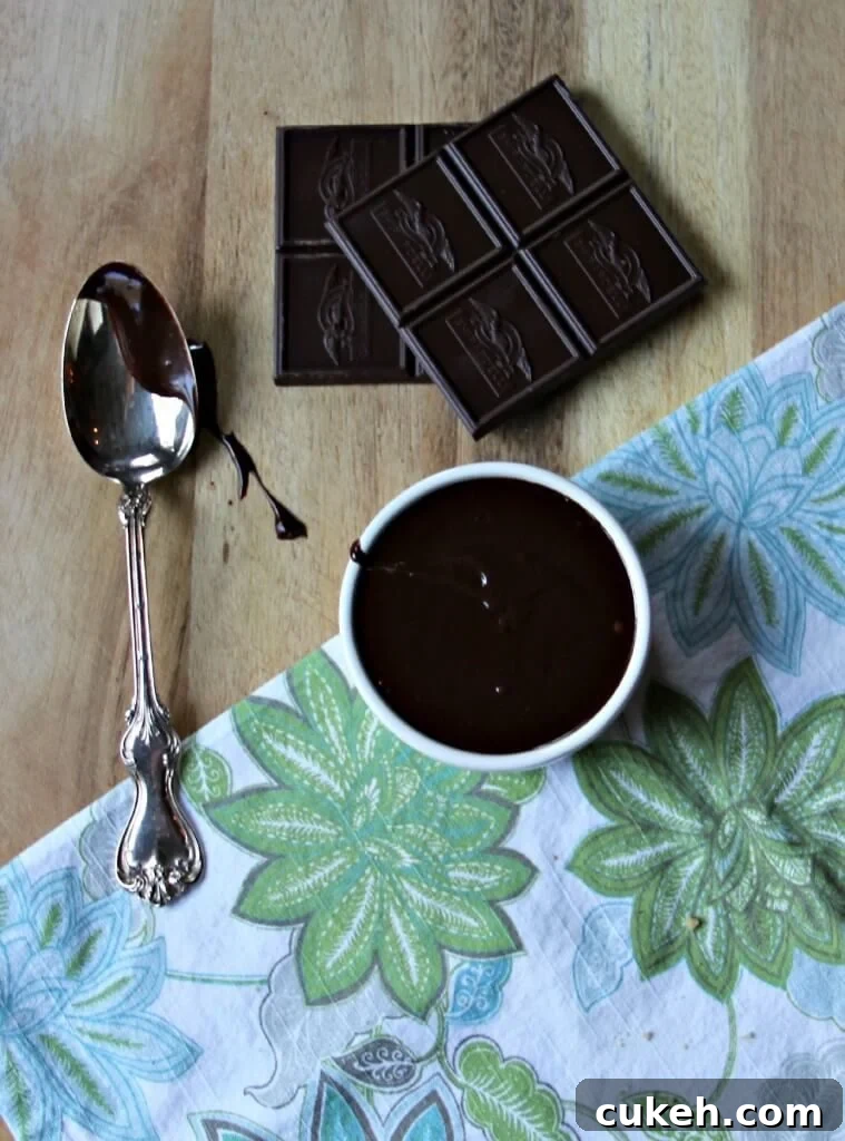 Silky Chocolate Nutella Ganache Recipe for Cakes & Truffles 3 Bowl of chocolate ganache with a spoon and chocolate beside it.