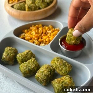 15 Nutritious Broccoli Recipes for Babies and Toddlers 14 Broccoli tots served with ketchup, corn, and berries.