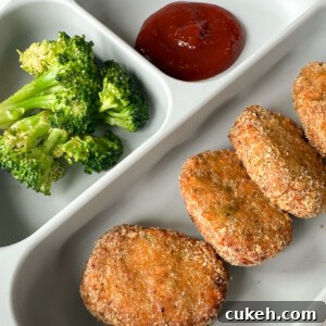 15 Nutritious Broccoli Recipes for Babies and Toddlers 20 Veggie chicken nuggets served with broccoli and ketchup.