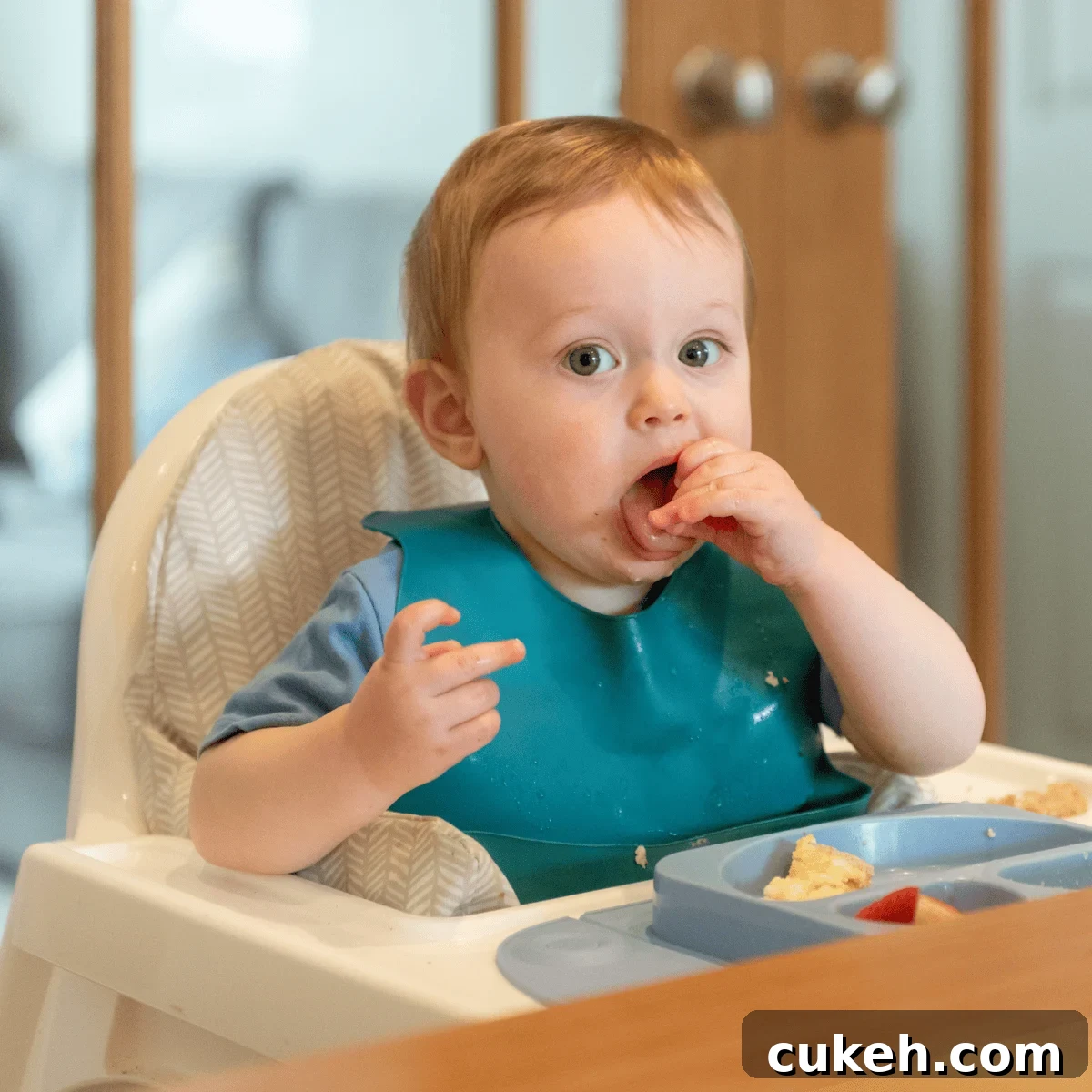 baby in high chair eating breakfast