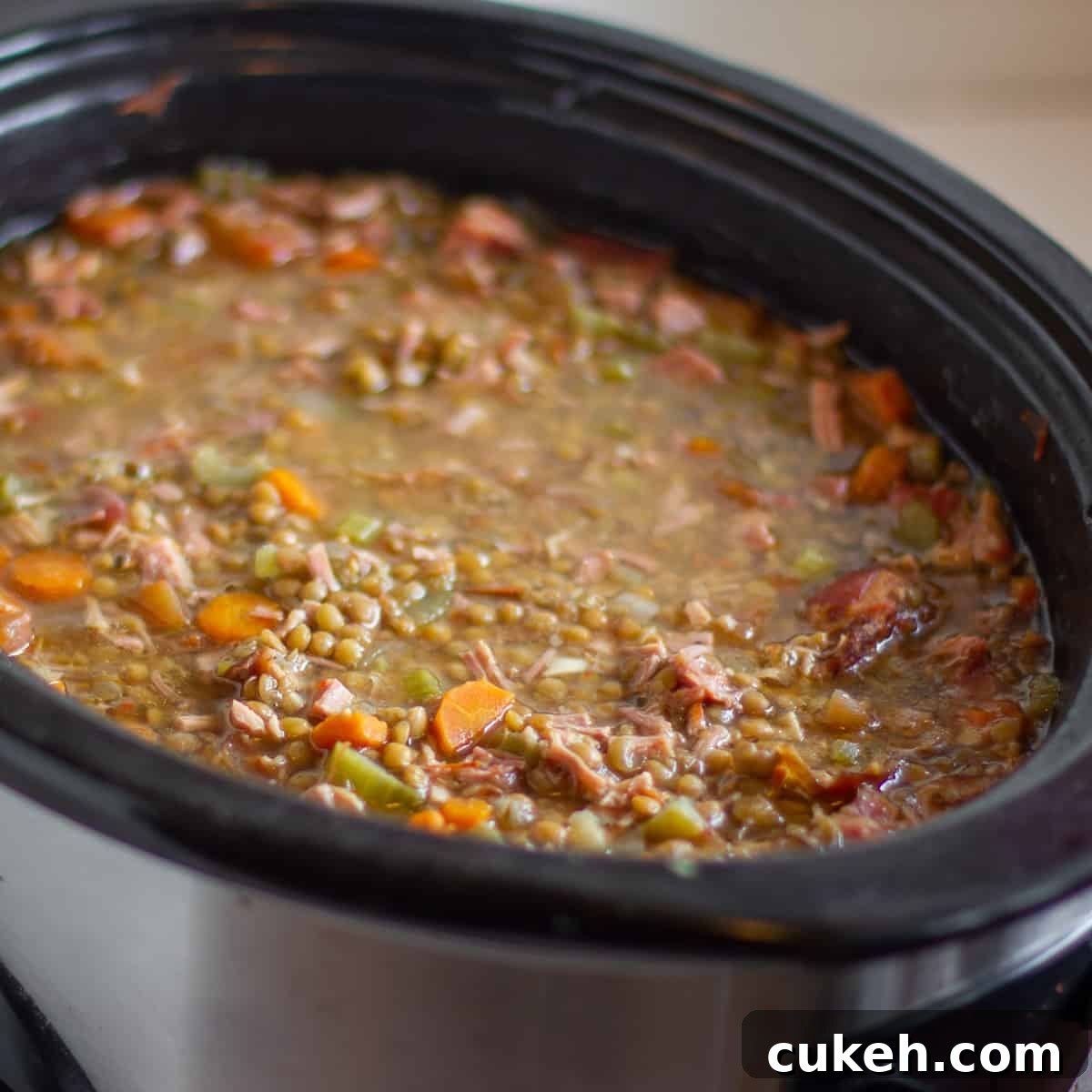 After 6 hours on high in the slow cooker the soup is ready.