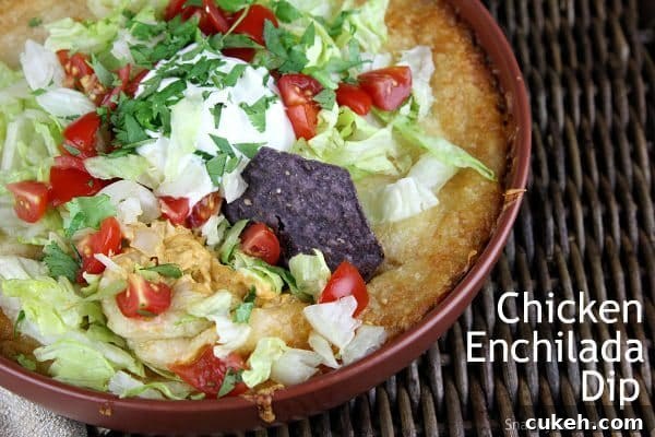 Chicken Enchilada Dip in shallow baking dish with tortilla chip