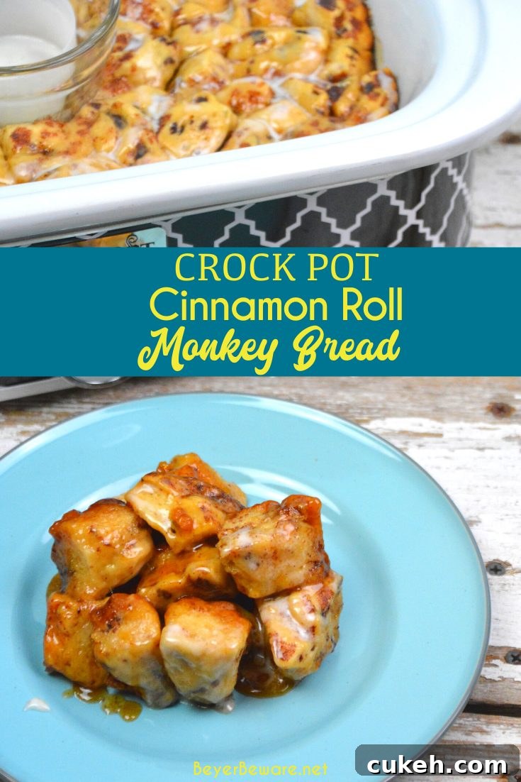 Crock Pot Cinnamon Roll Monkey Bread combines two tubes of refrigerator cinnamon rolls with caramel sauce that becomes a gooey cinnamon pull-apart bread that is drowned in icing to finish it off.