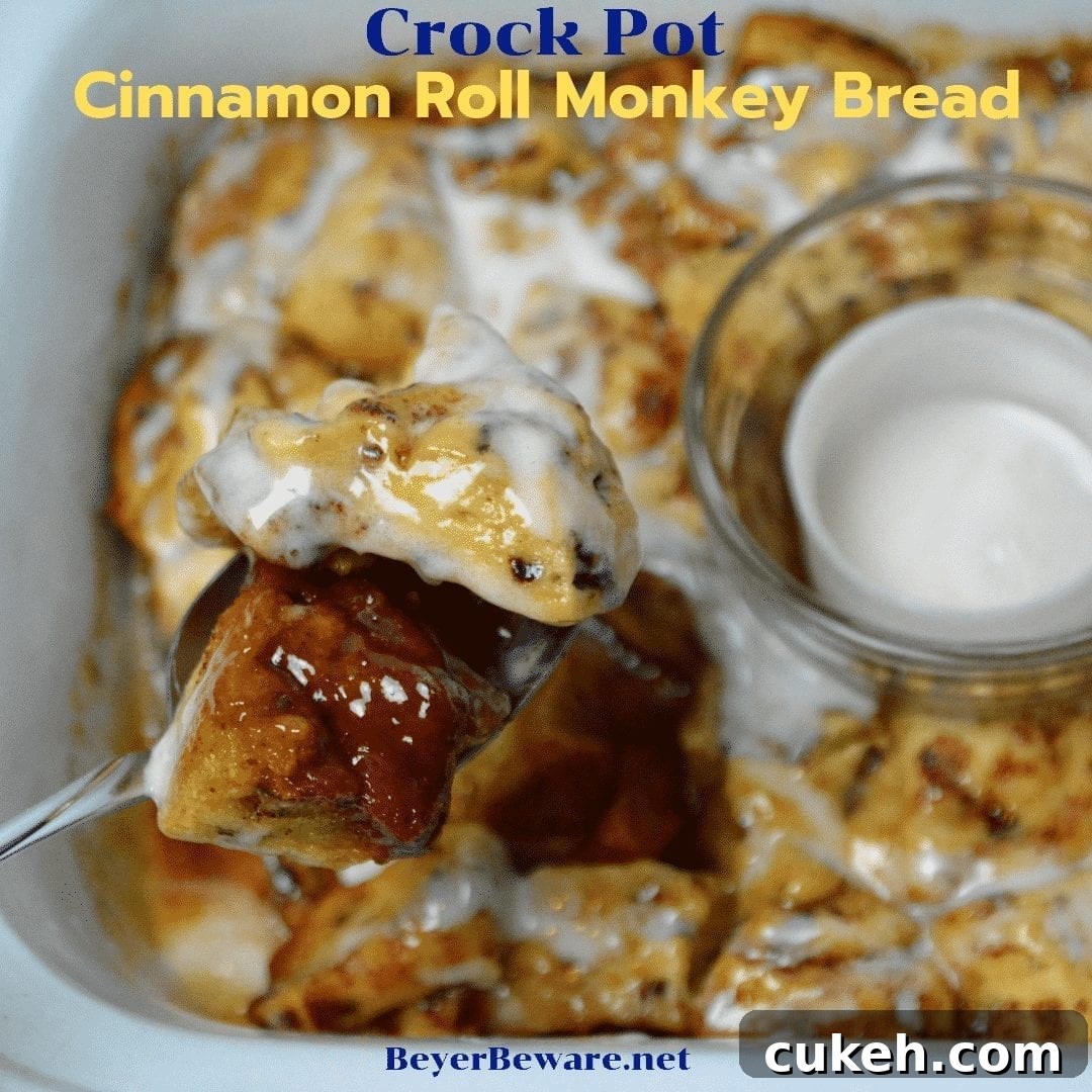 Fork full of Crock Pot Cinnamon Roll Monkey Bread