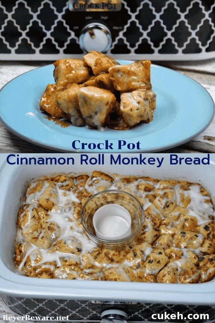 Warm cinnamon roll monkey bread fresh from the crock pot.