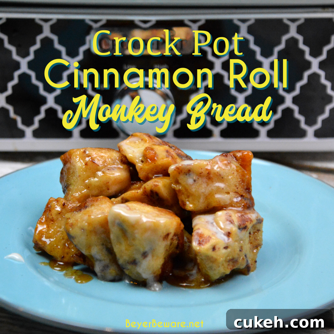 Crock Pot Cinnamon Roll Monkey Bread combines two tubes of refrigerator cinnamon rolls with caramel sauce that becomes a gooey cinnamon pull-apart bread that is drowned in icing to finish it off.