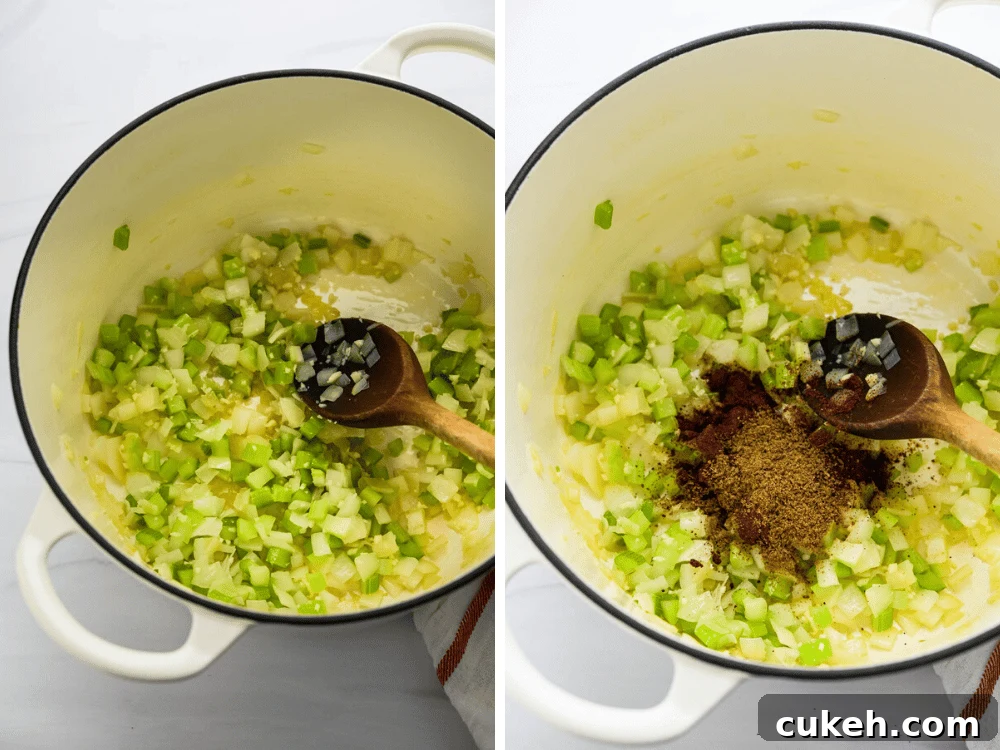 sautéing onions and celery with garlic and spices for the taco soup with black beans.