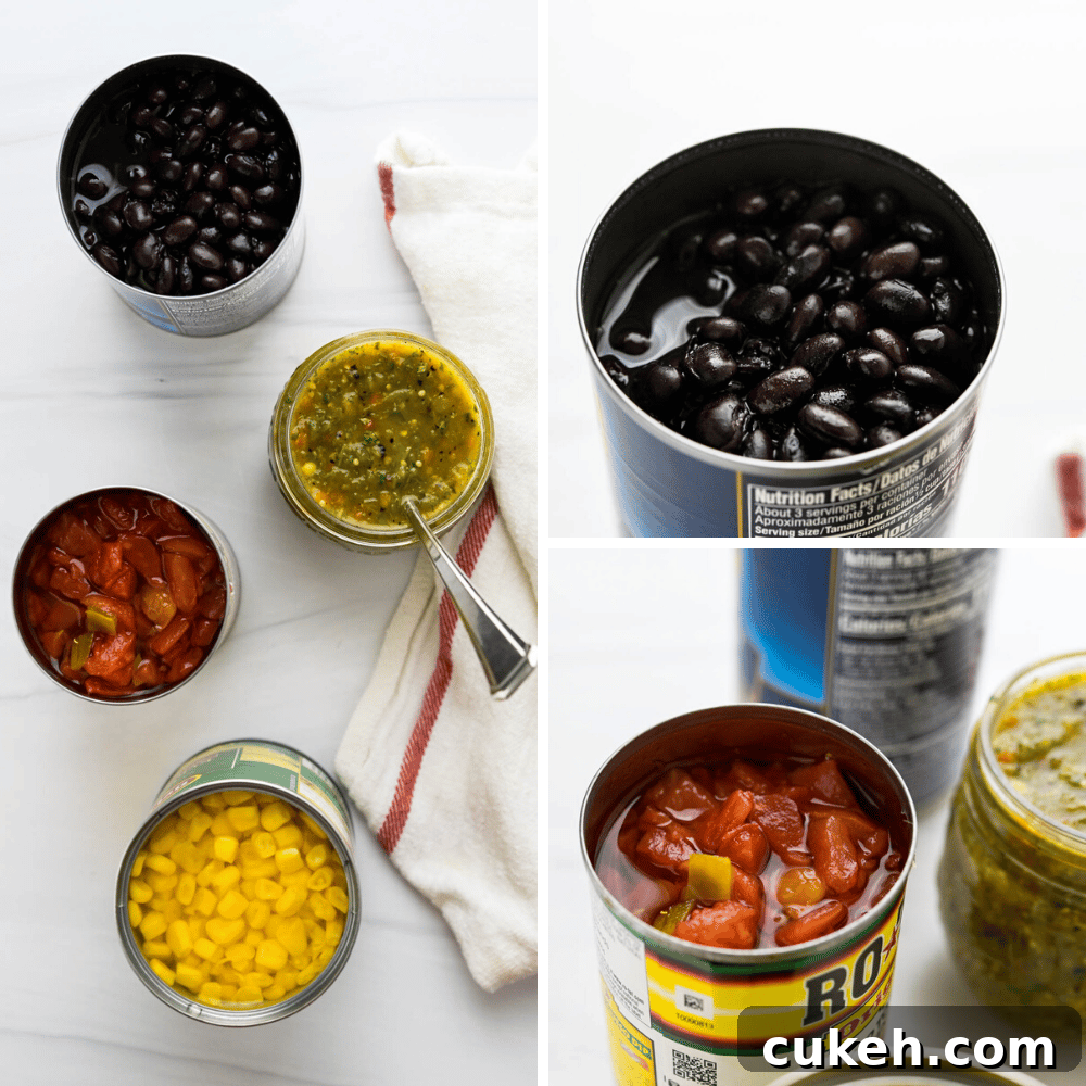 opening cans of black beans, tomatillo salsa, corn and ro-tel for the taco soup.