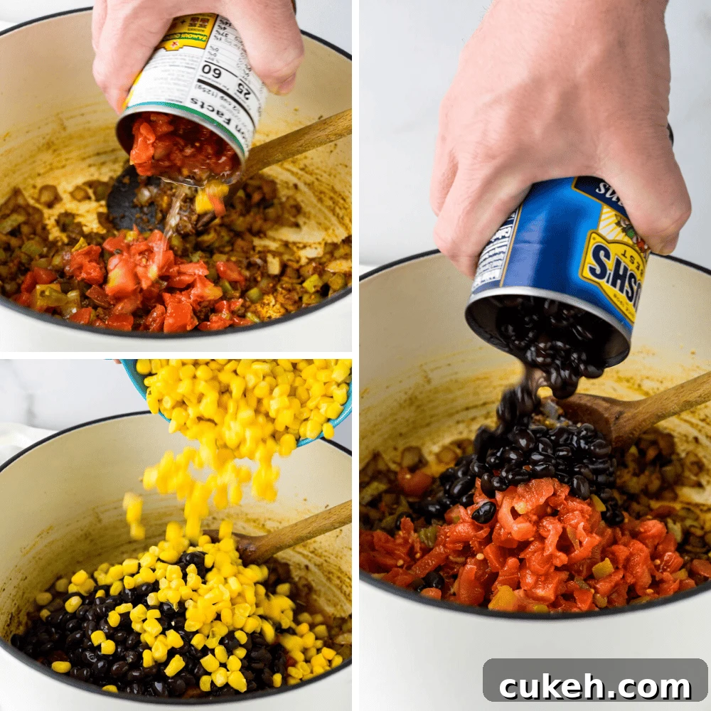 adding the canned ingredients into the pot for an easy chicken ro-tel recipe.