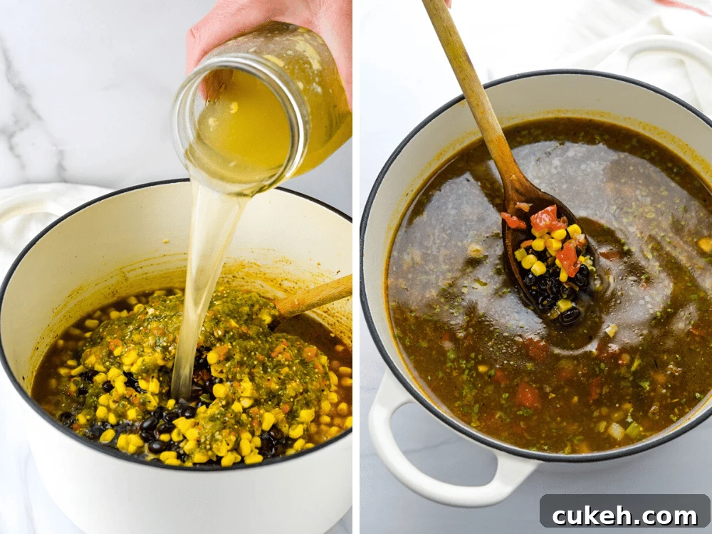 pouring chicken stock into the chicken ro-tel recipe