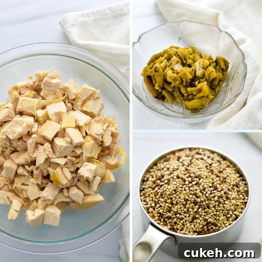 adding quinoa, diced leftover rotisserie chicken and diced hatch chiles.