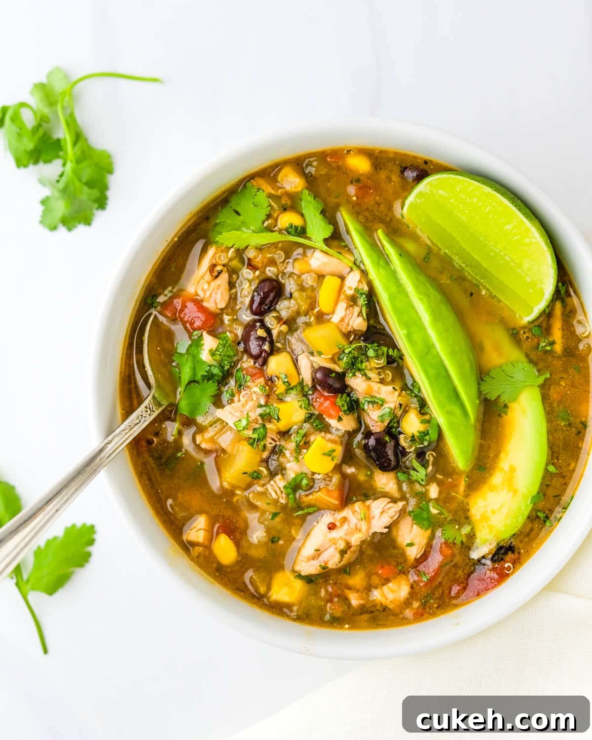 A bowl of the taco soup with chicken, avocado, lime and cilantro.