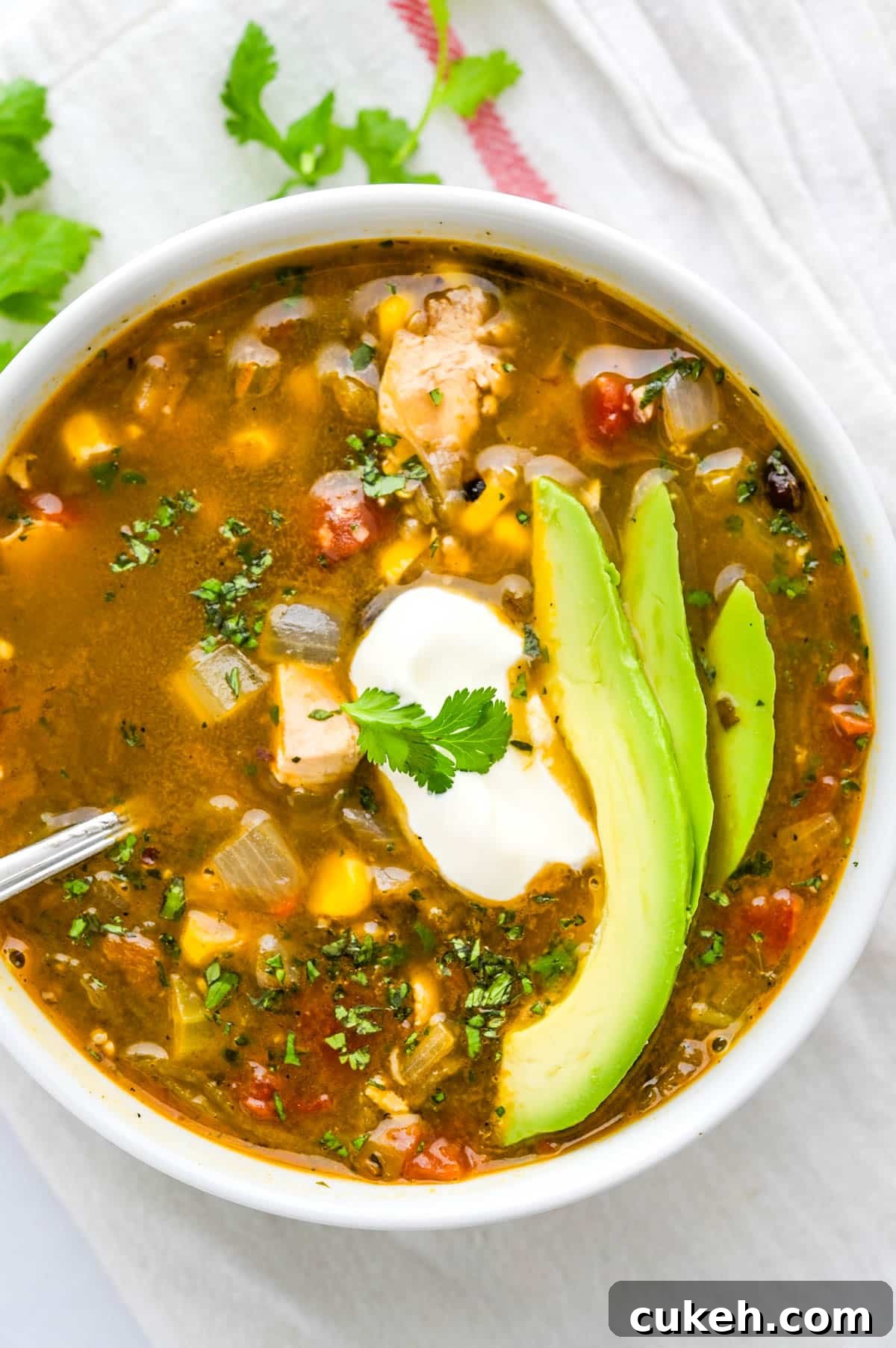 Adding a scoop of sour cream to the taco soup recipe.