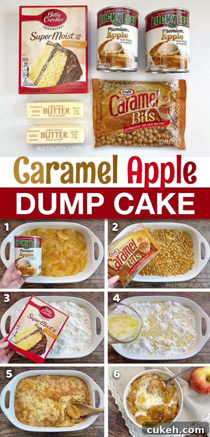 Homemade Caramel Apple Cobbler Dump Cake made with boxed cake mix, pie filling, caramel bits and butter.