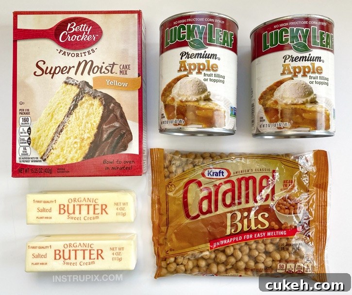 4-Ingredient Caramel Apple Dump Cake Recipe made with apple pie filling and boxed yellow cake mix.