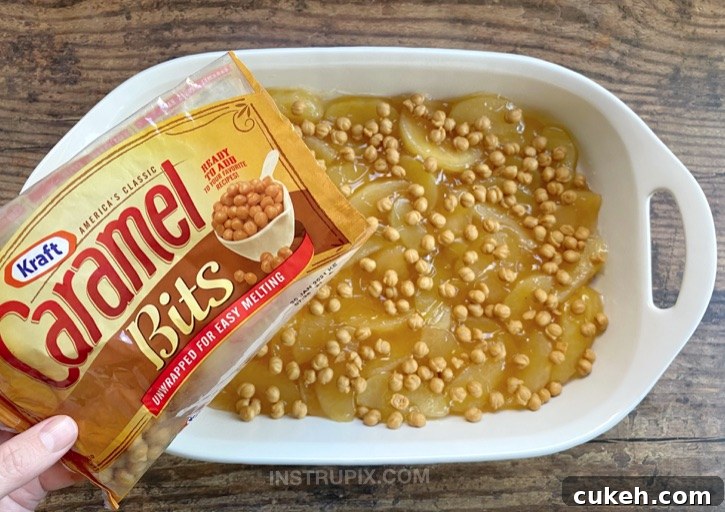 Sprinkle caramel bits over the apple filling.