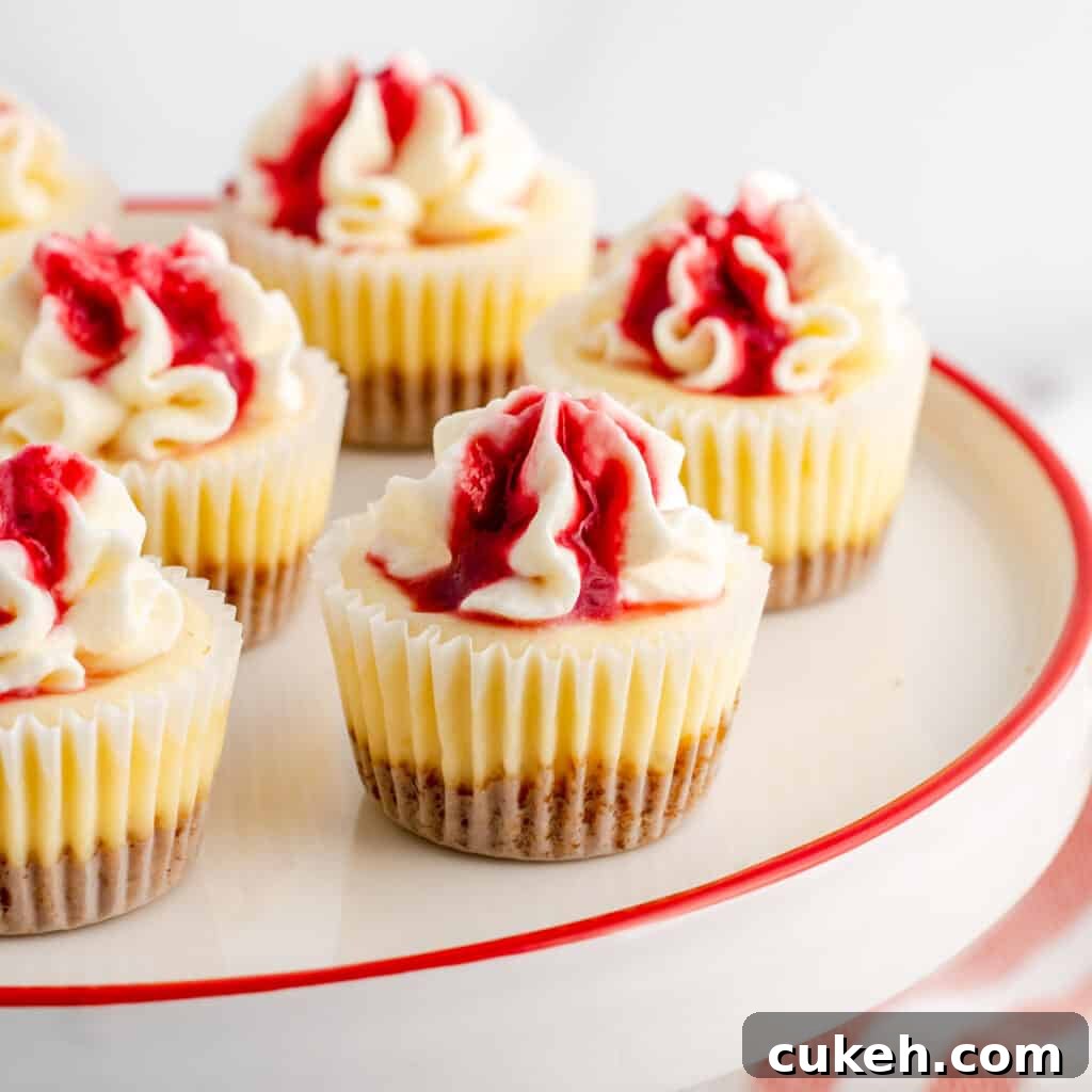 A red and white cake platter with mini cheesecake bites. Topped with red fruit juice and whipped cream.